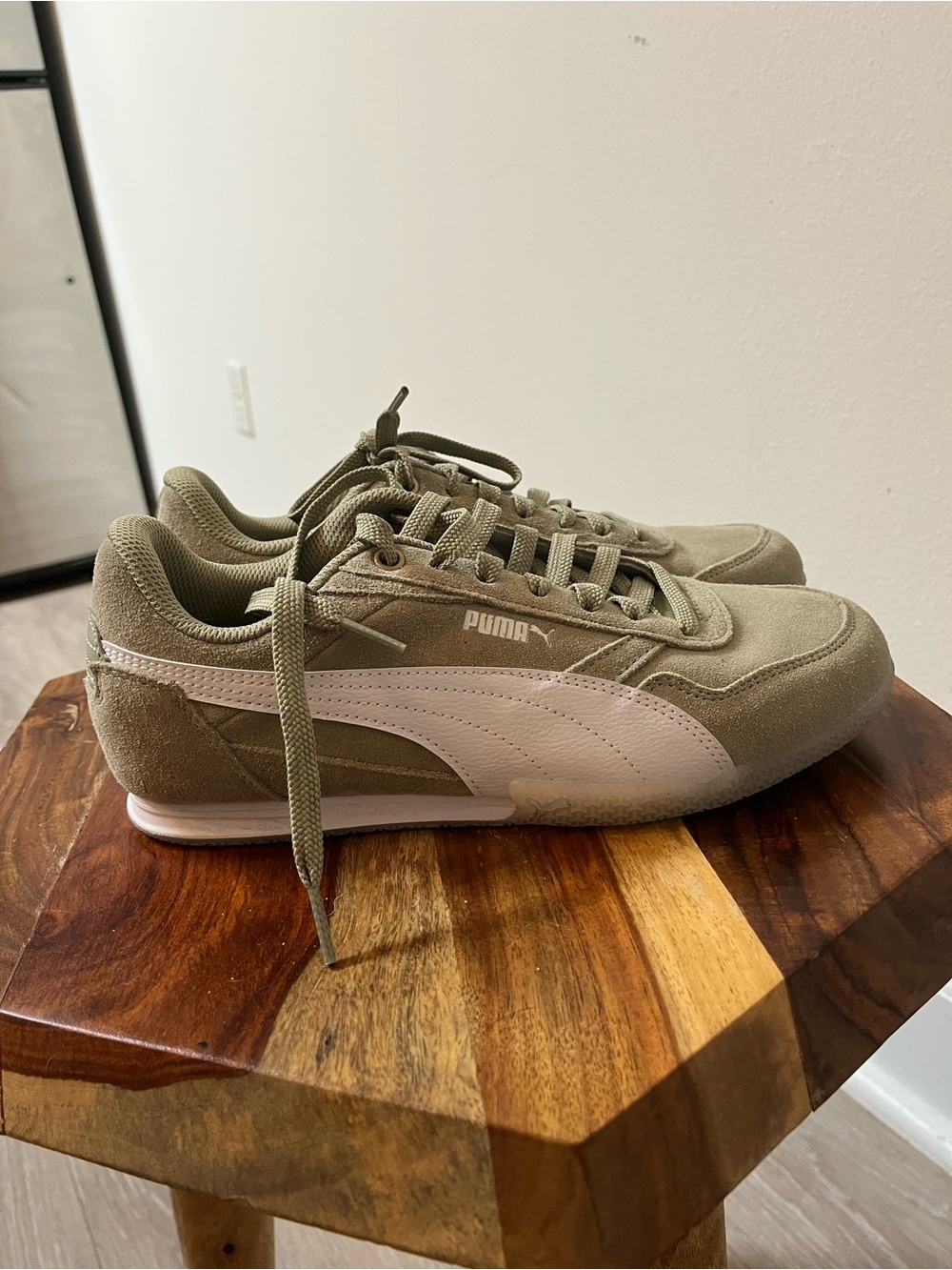 Puma Men’s Olive Green and White Suede Sneakers